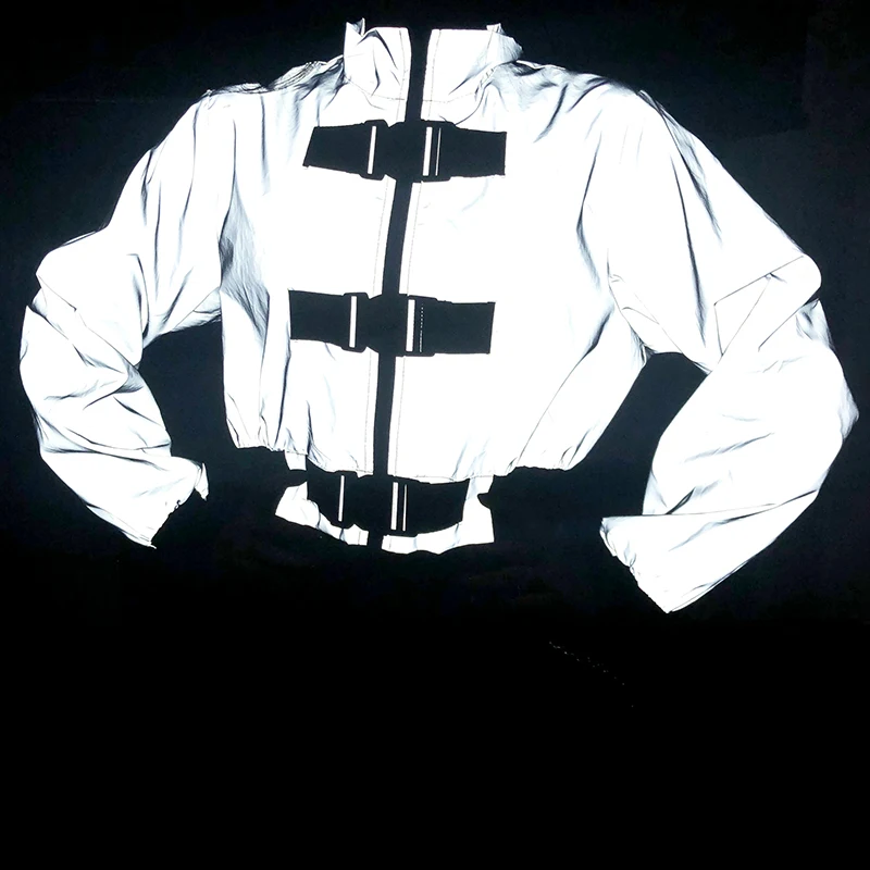 awesome  Hip Hop Reflective Crop Jacket Streetwear Buckle Patchwork Winter Jackets Women Zipper Up Long Slee