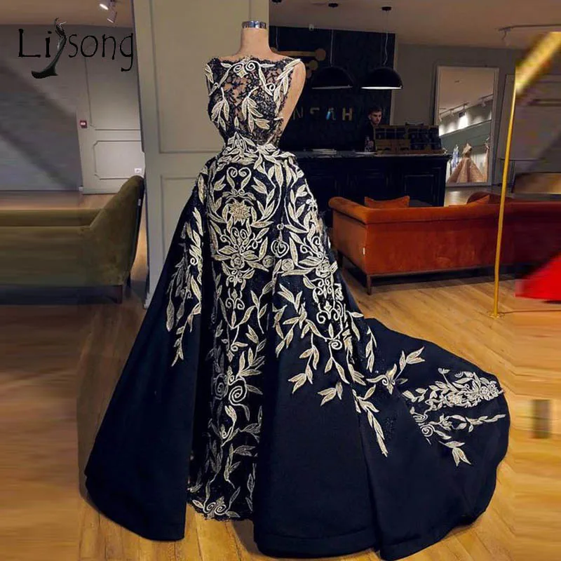 Vintage Black Mermaid Evening Dresses With Detachable Train 2019 Long Embroidery Prom Gowns Vestido De Festa Longo | Свадьбы и