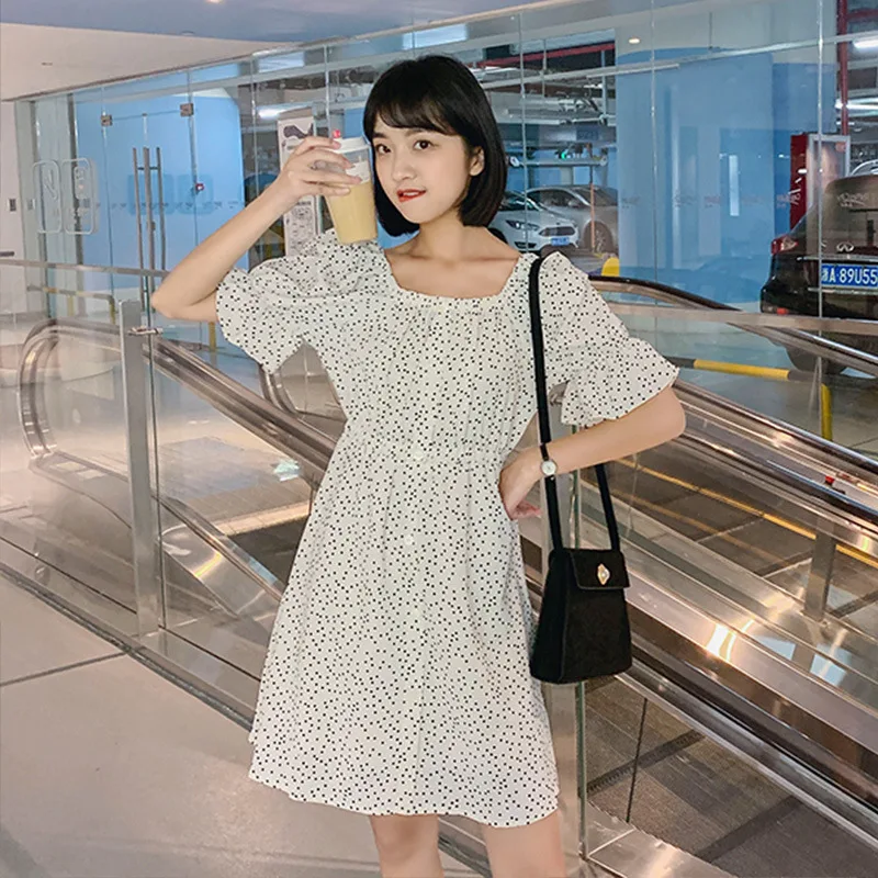 

Very Fairy of Square Collar Dress Women's Summer MORI Series Elegant Mid-length A- line Skirt Short Skirt