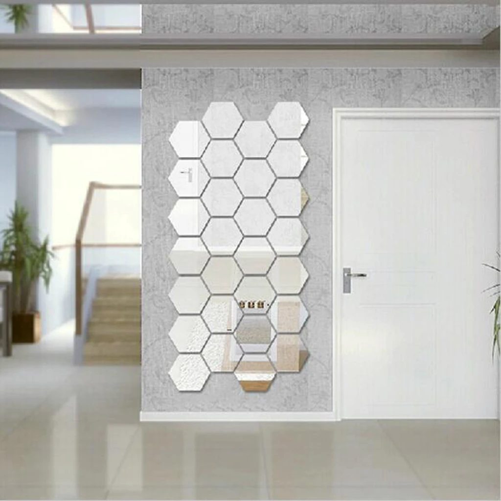 12pcs Mirror Wall Stickers Art Decal Removable Completely Non-toxic and Non-friable Hexagon House Decor