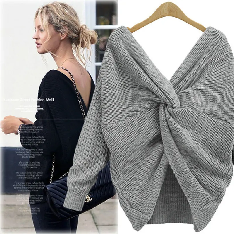 

2019 New Women Sweaters Pullovers Autumn and Winter Bat Sleeve Sexy Cross Open Back Sweater Female Coat Jumper Pink A11
