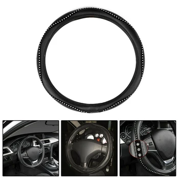 

Universal PU Leather Steering Wheel Cover Fashionable Black With Rhinestone