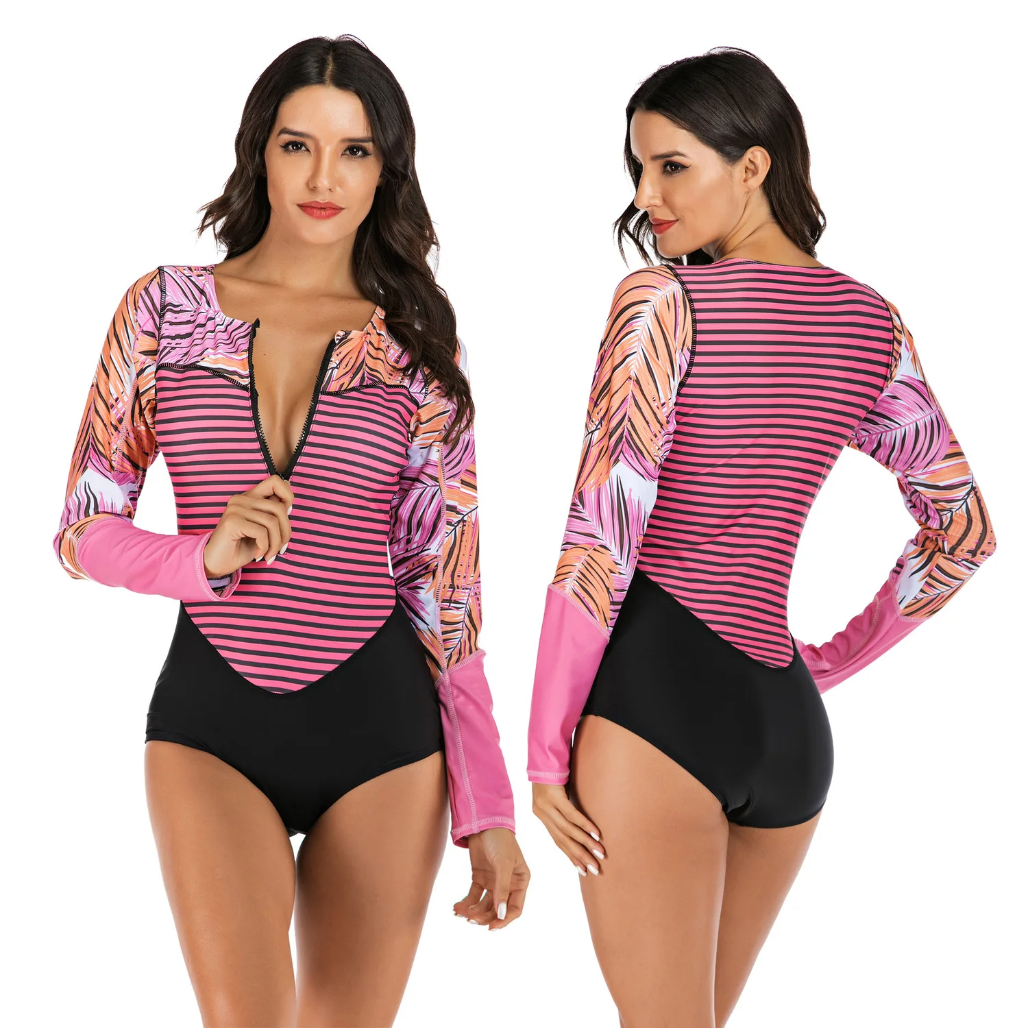 

European And American Plus Size Long Sleeve Bikini One Piece Hot Spring Swimsuit Women's Sense Thin Stripe Printed Swimsuit