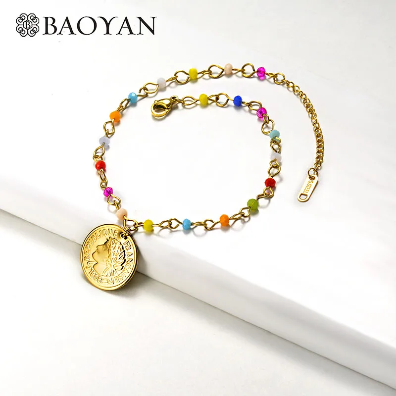 Baoyan, модный браслет из нержавеющей стали, разноцветный, натуральный камень, бусина, цепь, браслеты, Золотой Рог, монета, очаровательные браслеты для женщин - Окраска металла: SSBTG142-16206