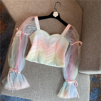

Crop Top Woman 2020 Spring Summer Blouse New Elegant Sweet Rainbow Colored Mesh Lantern Sleeves Tight Short Chiffon Shirt Top