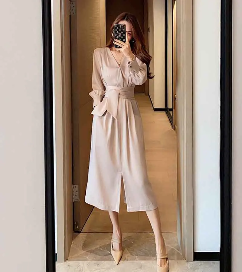 

Women Autumn 2020 New Long Sleeve V-Neck Office Lady Elegant Dress Lace Up Solid Bandage Party Casual Dresses Femme Vestidos