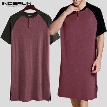 

INCERUN Men Sleepwear Short Sleeve Patchwork Round Neck Long Top 2020 Comfortable Leisure Men Nightwear Homewear Soft Sleep Tops