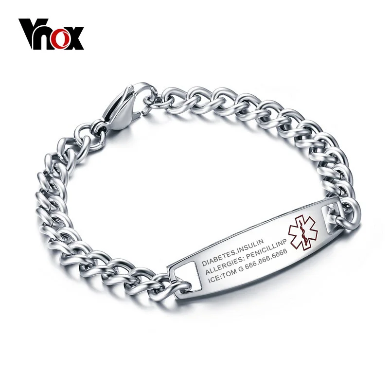 Vnox Free Custom Engrave Medical Identification Bracelet Bangle Stainless Steel Customization Jewelry