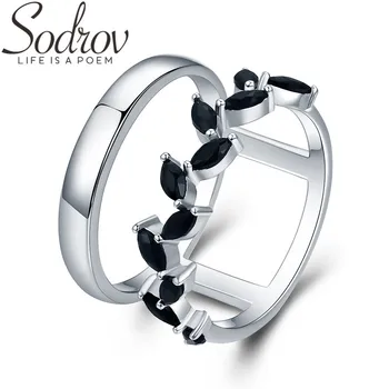 

SODROV Hyperbole 3.7g 925 Sterling Silver Fine Jewelry Trendy Engagement Bague Black Spinel Leaf Women's Wedding Ring G001