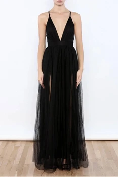 

Black Deep V Neck Side Split Sexy Tulle Party Dresses