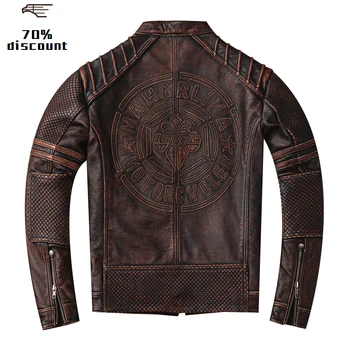 

2020 Vintage Brown Men Slim Fit Biker's Leather Jacket Plus Size XXXXL Genuine Thick Cowhide Short Motorcycle Leather Coat