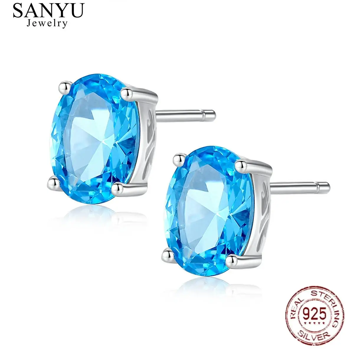 

SANYU 1.8 Carat Oval Sky Blue Topaz Stud Earrings for Women Sterling Silver Birthstone Gemstone Jewelry Brincos Para As Mulheres