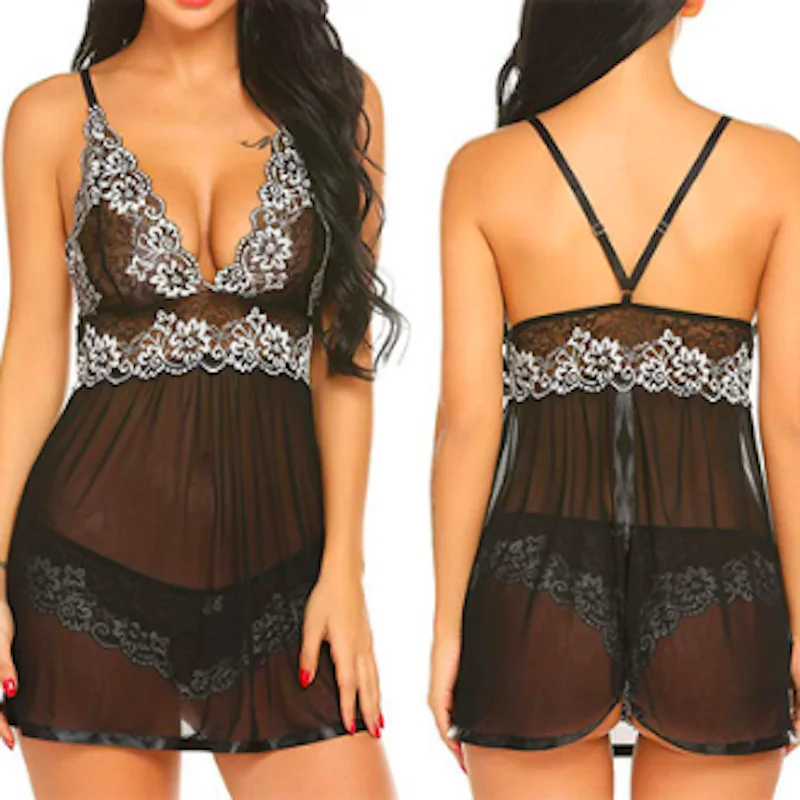 

Lace and Mesh Sexy Lingerie Women Sling Back Split V-Neck S-XXL Two-piece set sexy underwear and T-Pants