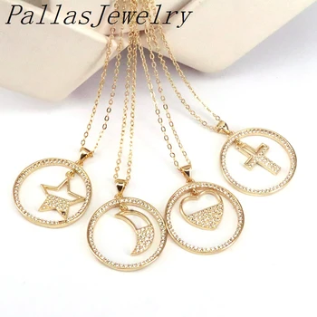 

10Pcs Gold Color Star Heart Cross Moon in Round Pendant Necklaces For Women CZ Zircon Pave Necklace Jewelry