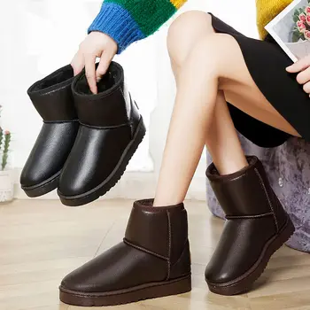 

2019 New Winter Snow Boots Waterproof leather Thicken Plush Warm Shoes Ankle Short Boot Slip-on Round Toe Black Coffee