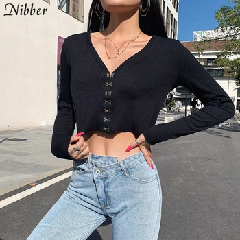 

NIBBER autumn black V-neck knitting crop top Metal buckle design Elegant slim T-shirts 2019 winter Harajuku casual Stretch Tees