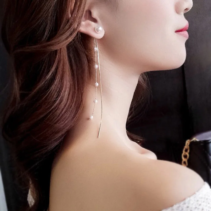 

2019 new Korean version of the fashion simple fringed temperament earrings pearl tassel cold light long student earrings