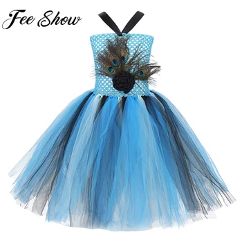 

Kids Girls Mesh Cute Sleeveless Peacock Feather 3D Flower Applique Tutu Dress For Halloween Carnival Birthday Party Cosplay