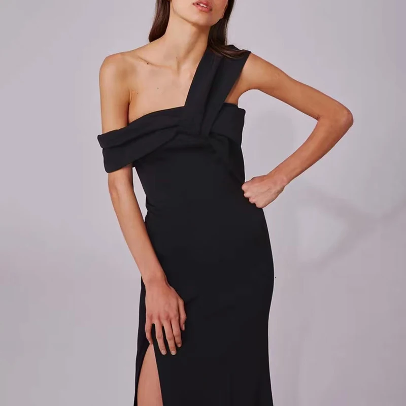 TWOTWINSTYLE, сексуальные вечерние женские платья, асимметричные, на одно плечо, без рукавов, с высокой талией, с разрезом по бокам, женская одежда
