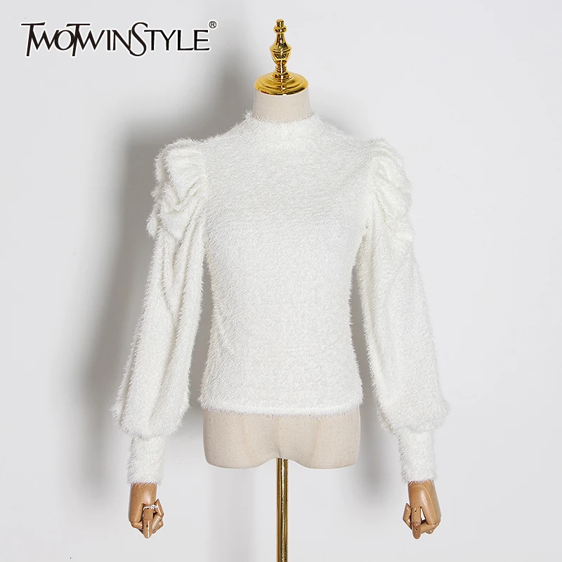 TWOTWINSTYLE кашемировый элегантный вязаный свитер для женщин, круглый вырез, фонарь, длинный рукав, свободный женский свитер, осенняя мода, новинка