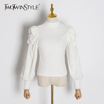 

TWOTWINSTYLE Cashmere Elegant Knitted Sweater For Female O Neck Lantern Long Sleeve Sweaters Women Loose 2020 Autumn Fashion New