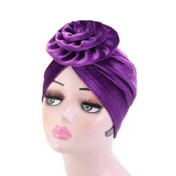 

Solid Color Muslim Women Velvet Turban Hat Big Flower Top Beanie Glitter Indian Chemo Cap Cancer Hair Loss Stretch Head Cover