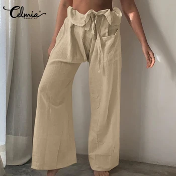 

2020 Celmia Vintage High Waist Wide Leg Pants Women Linen Trousers Belted Causal Loose Long Palazzo Pockets Female Pantalon 5XL