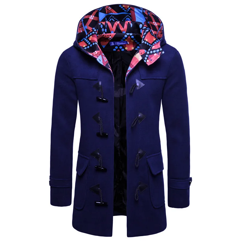 

Fashion Hooded Men's Jacket Solid Color Horn Buckle Large Size Cotton Jacket Men's Casual Slim Long Windbreaker Jacket