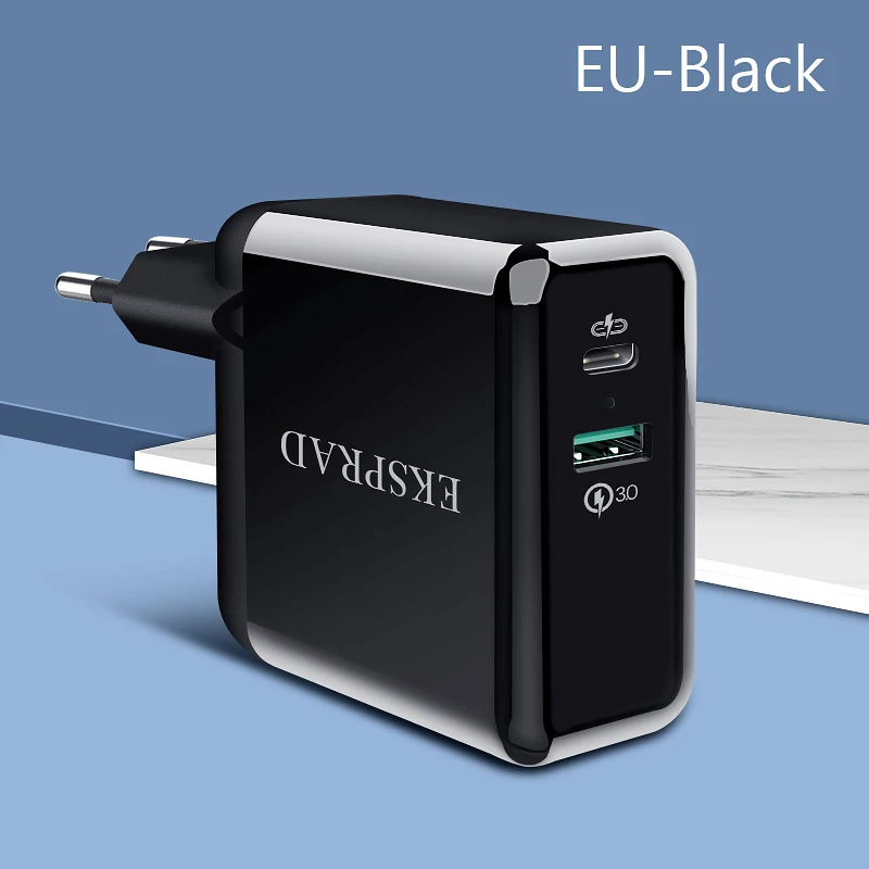 Black-EU Plug USB C настенное зарядное устройство, EKSPRAD 36 Вт 2 порта type C зарядное устройство с мощностью 18 Вт с складной вилкой для быстрой зарядки iPhone 11 Pro - Тип штекера: Black-EU Plug