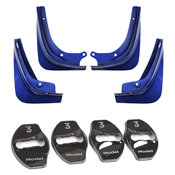 

2 Set Car Accessories: 1 Set Mud Flaps Fender Mudguards Blue & 1 Set 4Pcs Door Latch Lock Cover for Tesla Model 3 Black