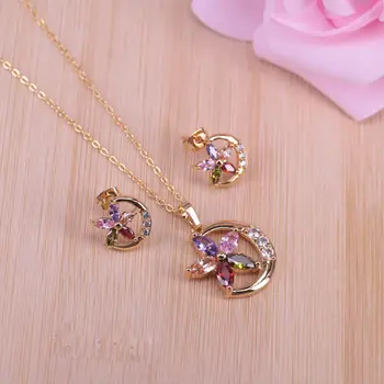 

Israel style fashion gold color jewelry set for women flower square muliticolor cubic zircon jewelry best present