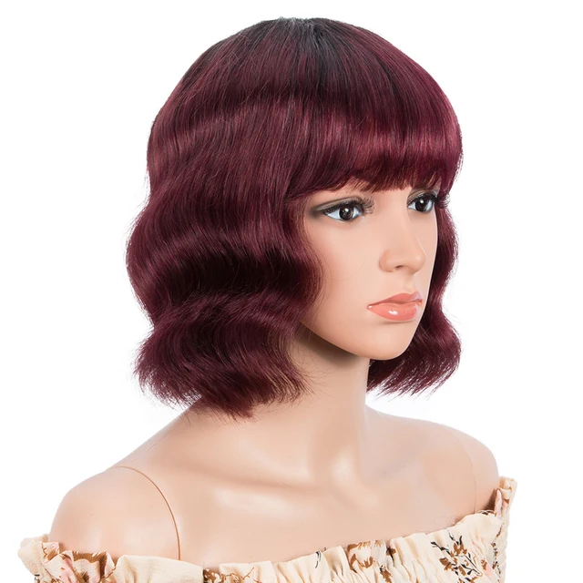 Lekker Short Deep Wave Bob Human Hair Wig With Bangs For Women Colored Brazilian Remy Natural Wavy Ombre Blonde Burgundy Red Wig TT1B99J