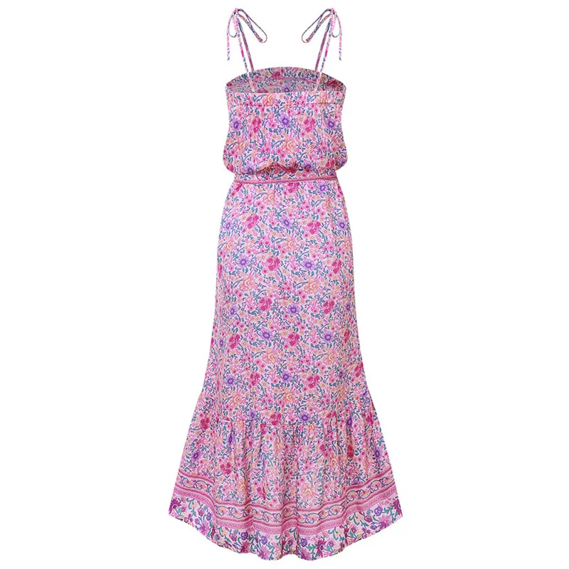 A Boho пляжное летнее женское платье с цветочным принтом, без рукавов, с открытыми плечами, с оборками, платье с цветочным рисунком, элегантные вечерние платья для женщин - Цвет: A