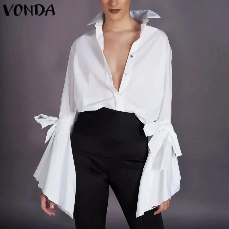 Женские блузки с v-образным вырезом VONDA шифоновые Блузы свободного кроя длинным