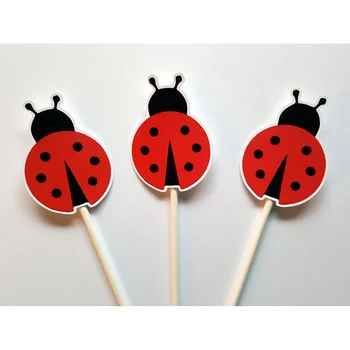 

Ladybug cupcake topper Red and Black Polka Dots Food Pick-24pcs