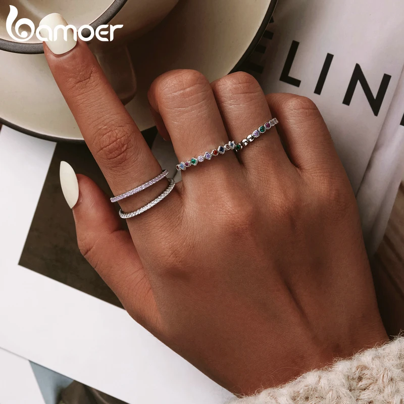 BAMOER-Anillo de Plata de Ley 925 para mujer, sortija chapada en oro con elfos simples, joyería deslumbrante de piedra CZ, regalo de fiesta