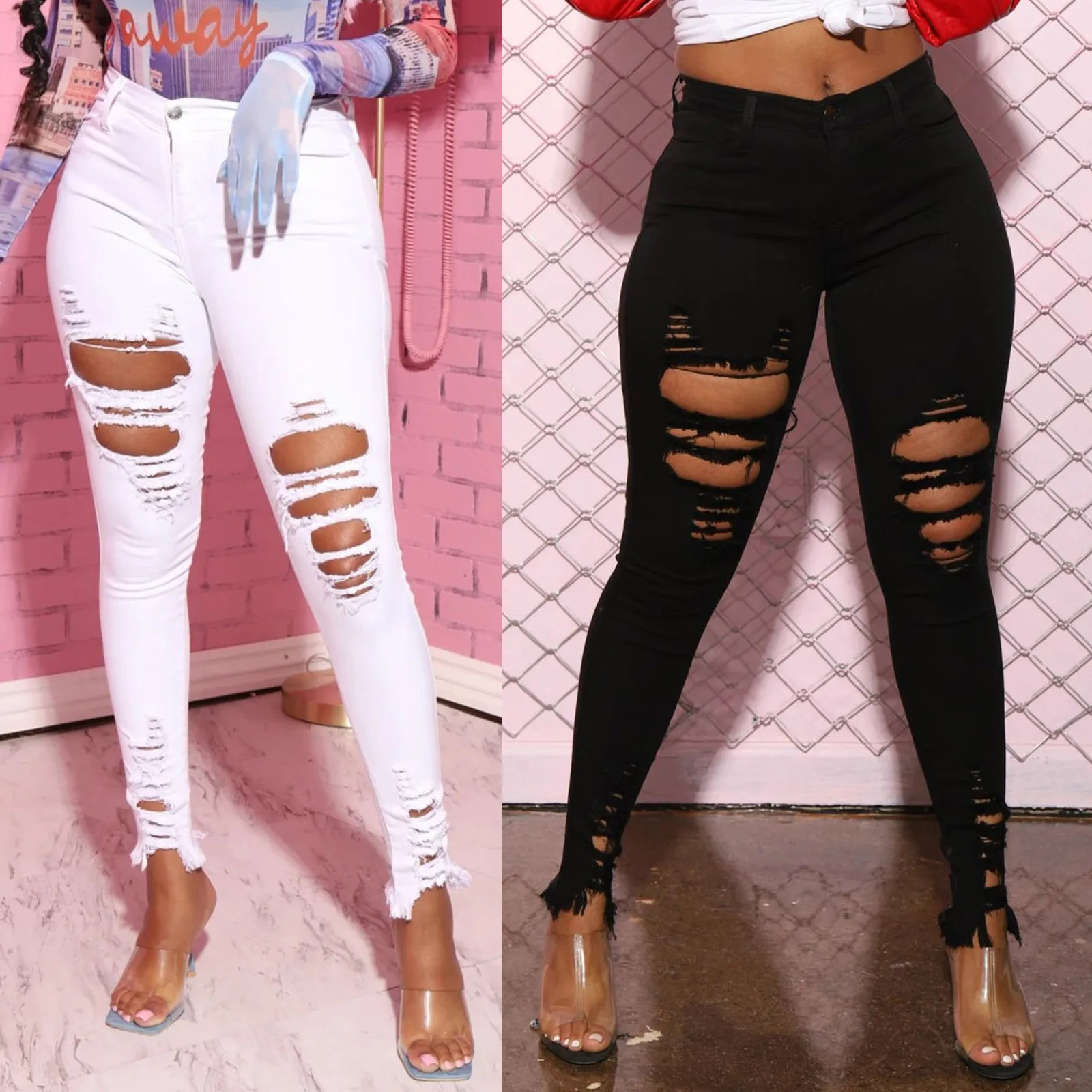 

Women’s Korean Slim Fit Jeans Fashion Solid Color Ripped Hole Tassel Stretch Mid-waist Denim Pencil Long Pants Pop Trousers