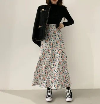 

New Spring Korean Chic Skirt Women High Waist Harajuku Vintage Streetwear Floral Printed Long Skirts Female Sweet and Fresh Saia