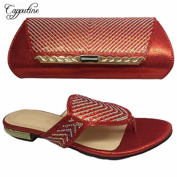

2020 Italian PU Leather Red Color Shoes Aand Bag Set Nigerian Decorated With Rhinestone Shoes And Purse Set For Wedding
