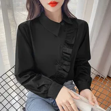 

CGC 2022 Fashion Women Blouse Casual Irregular Loose Oversize Shirt Female Stand Collar Blouse Vintage Single Breasted Top Women