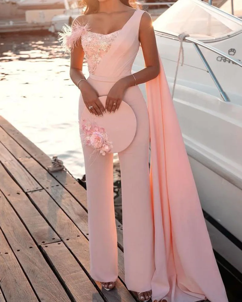 Women Elegant Long Jumpsuit Strapless Slash Neck Feather Tube Top Sexy Fashion Party Night Evening Jumpsuit 2021 Summer