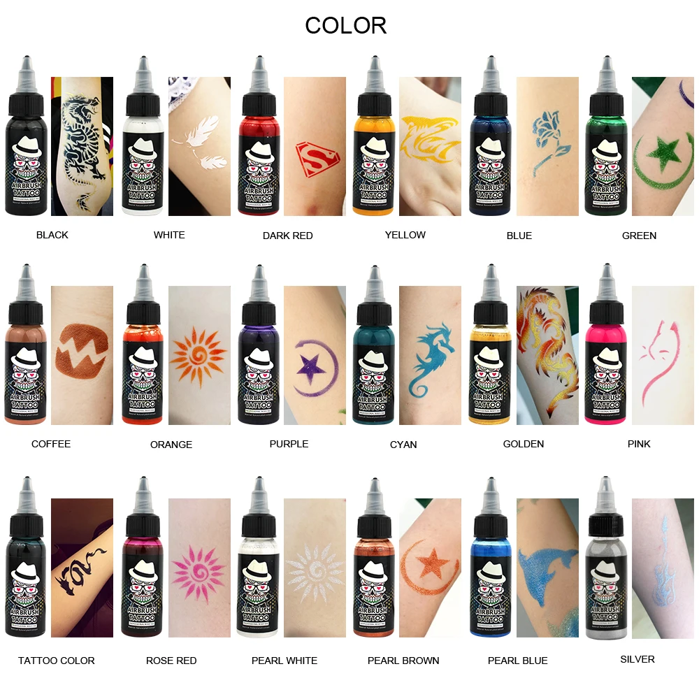 OPHIR 2017 NEW Temporary Tattoo Airbrush Ink 30ML/Bottle Tattoo Ink Pigment for Airbrush Kit 18 Colors_TA053(1-18) photo