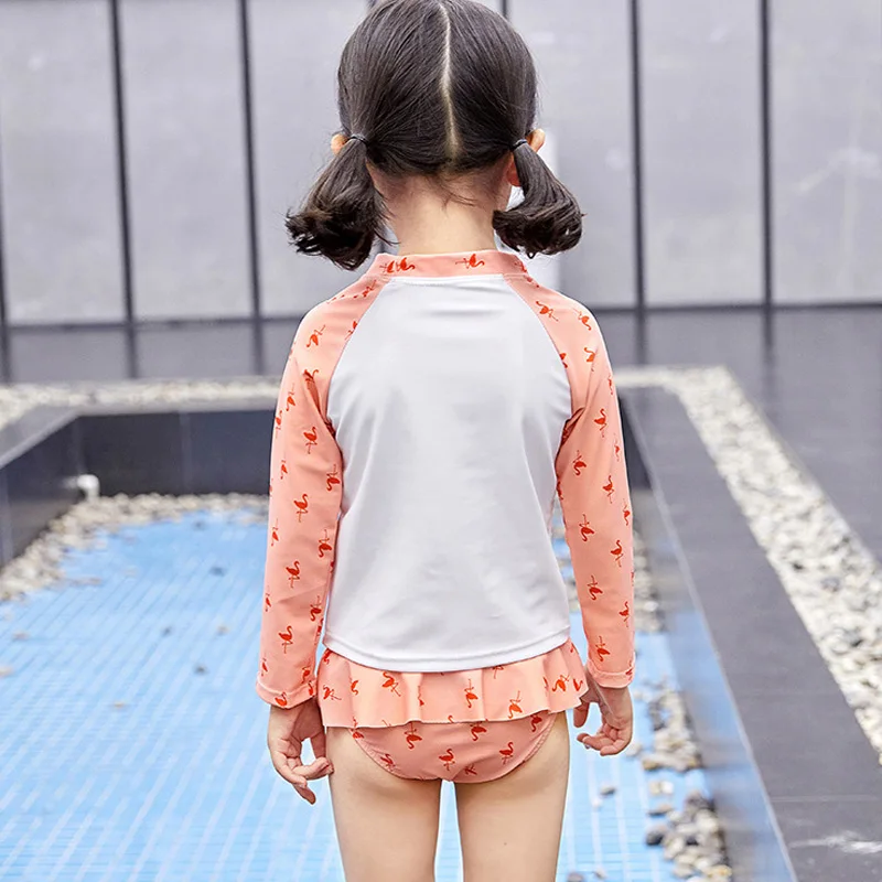Gilrs Swimsuit Pink Flamingo Printed Two Piece Set Rash Guards Swimwear Long Sleeve Shorts Dive Skin Sun Protection 1-7Y Kids