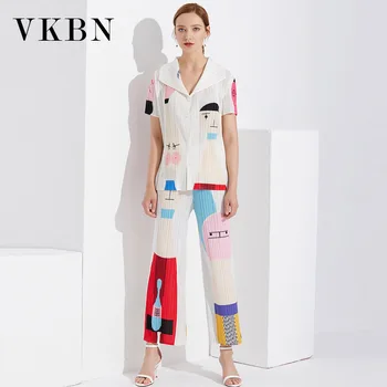 

VKBN 2020 Spring and Summer Two Piece Set Skirt T-shirts and Pants Women Turn Down Collar Pleated Fabric Print Women Sets