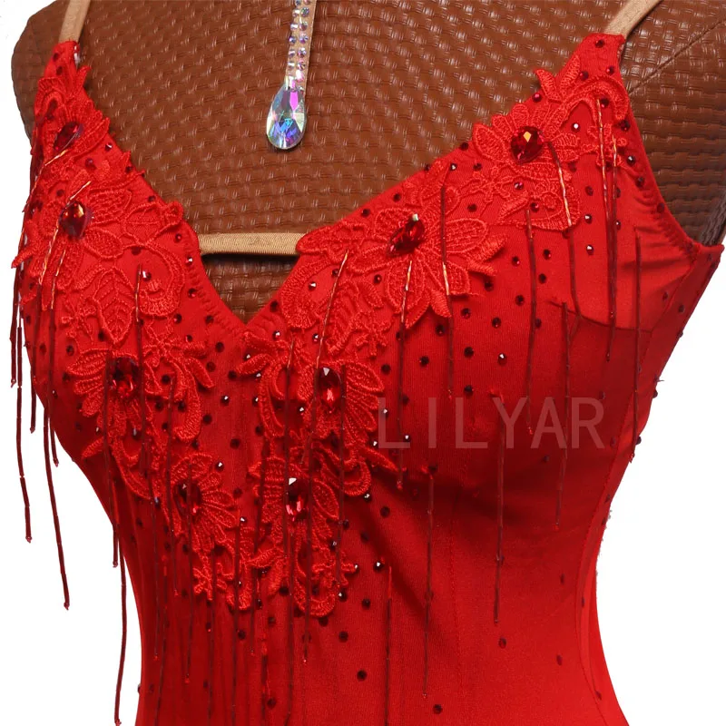 Ballroom Dance Standard Skirt Competition Costumes Performing Dress Customize Adult Kids Red Embroidered