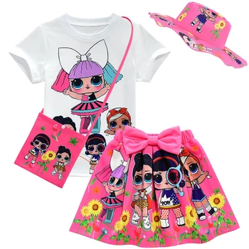 

New L.O.L Doll Children's Suit Girls Short-sleeved Skirt Bag Fisherman Hat 4 Sets Baby Christmas Outfit Kids Clothes Girls