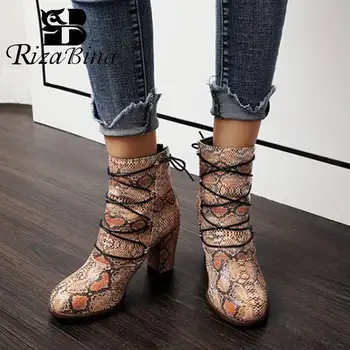

RIZABINA Plus Size 34-48 Women Ankle Boots Sexy Snakeskin Pattern High Heels Shoes Round Toe Lace Up Winter Women Footwear