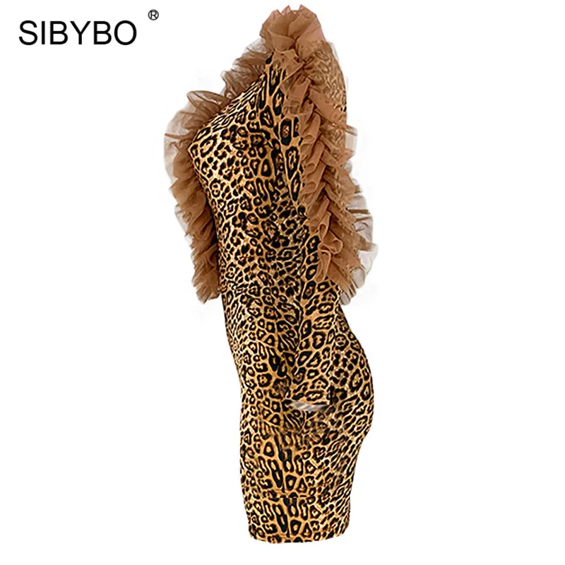 SIBYBO Ruffles Mesh Spliced Sexy Bodycon Dress Long Sleeve Mini Autumn Dress Women V-Neck Leopard Print Elegant Party Dress