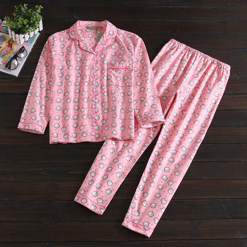 Женские пижамы из хлопка, 2 предмета, пижамы с длинными рукавами, брюки, одежда для сна, осенне-зимняя Пижама, Женская домашняя одежда с рисунком - Цвет: Pink cow
