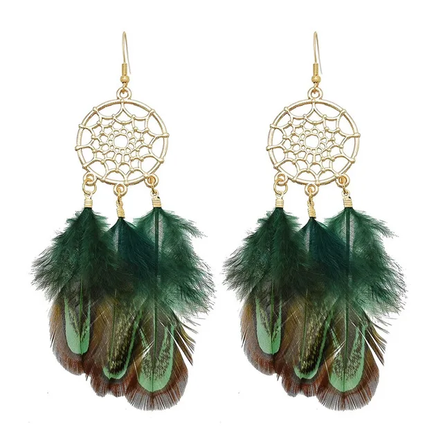 Fancy Hollow Dream Catcher Leaf Feather Shiny Crystals Drop Dangle Earrings For Women Party Jewelry Korean Hanging CZ Earrings Green